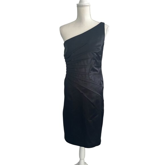 DAVID MEISTER Black Satin One Shoulder Cocktail Dress Size 8 - Picture 8 of 11